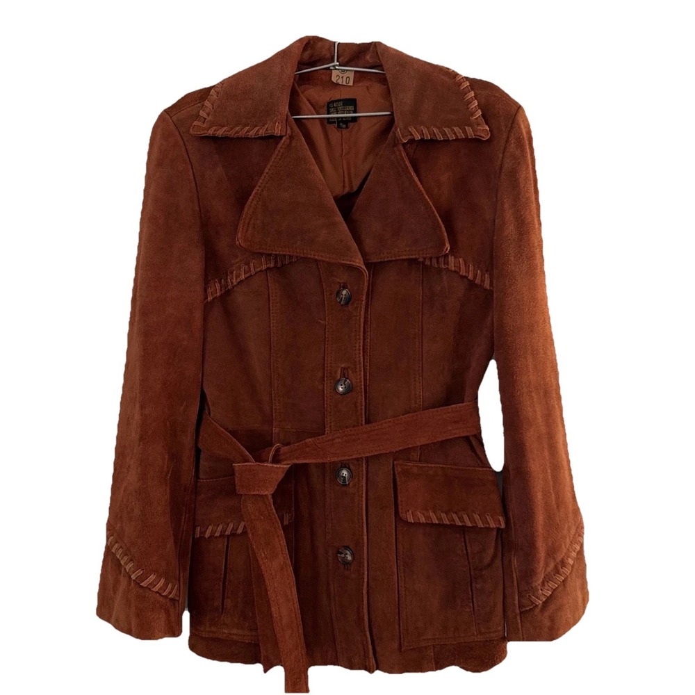 Vintage Suede Jacket 70s 80's Small Boho Western Whipstitch Cognac Leather Coat - Picture 1 of 16